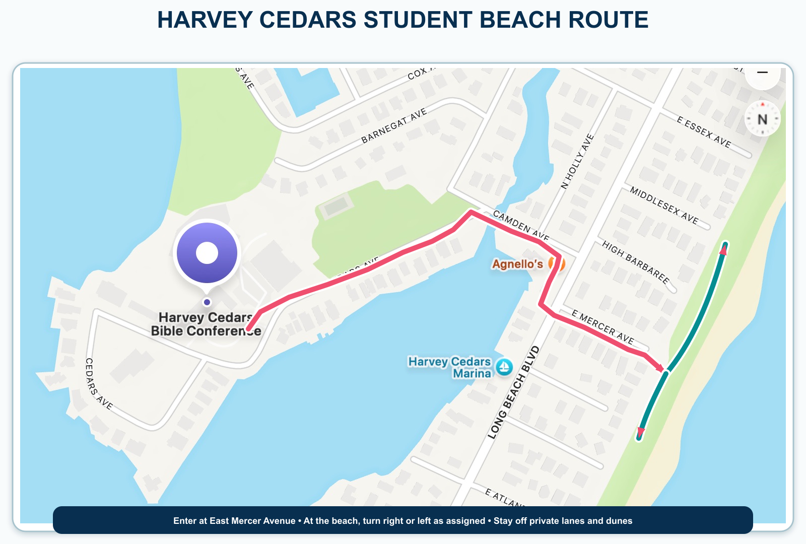 Map showing the student walking route from Harvey Cedars Bible Conference to the East Mercer Avenue beach entrance